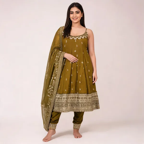 Olive_Georgette_Embroidered_Anarkali_Kurta_Set_For_Women