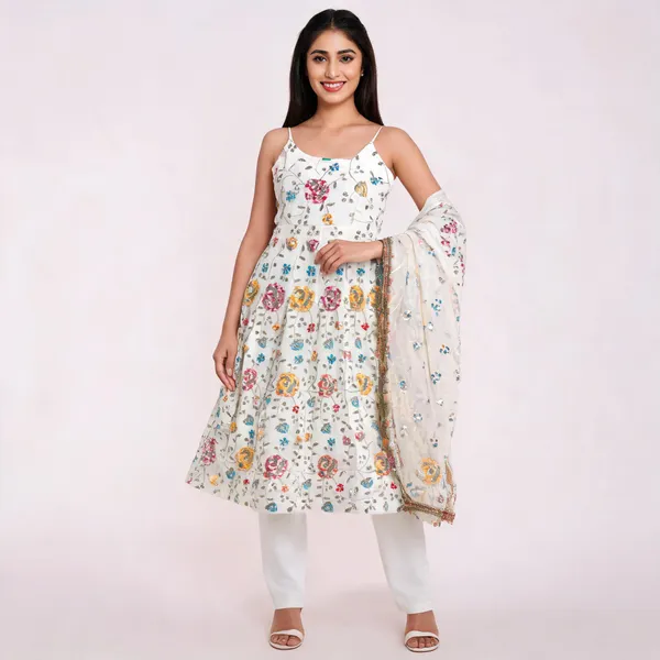 White_Georgette_Embroidered_Flared_Dress_Set_For_Women