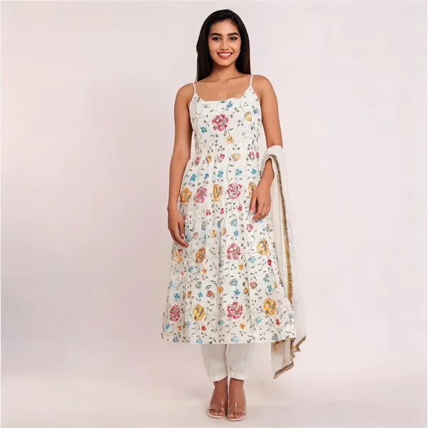 White_Georgette_Embroidered_Flared_Dress_Set_For_Women