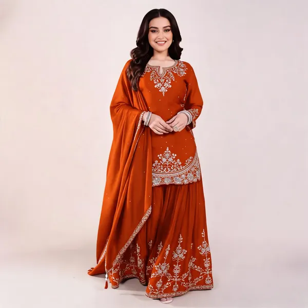 Orange_Georgette_Embroidered_Kurta_Set_For_Women