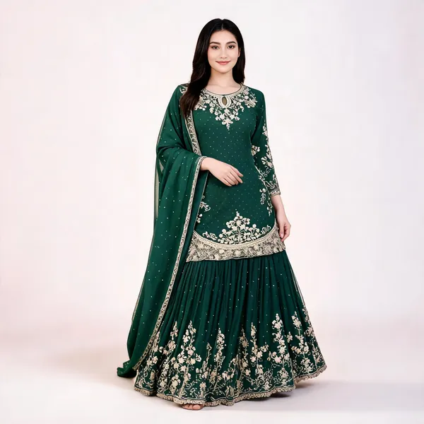 Green_Georgette_Embroidered_Lehenga_Kurta_Set_For_Women