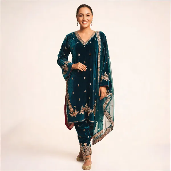 Teal_Georgette_Embroidered_Ethnic_Kurta_Set_For_Women