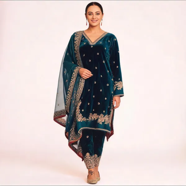 Teal_Georgette_Embroidered_Ethnic_Kurta_Set_For_Women