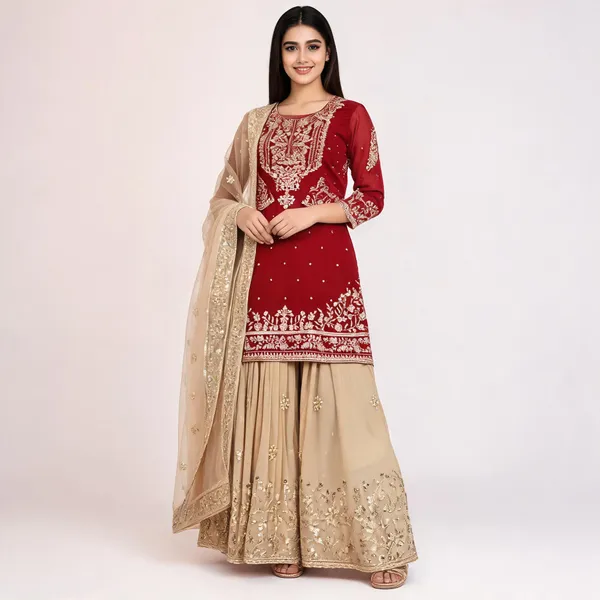 Red_Georgette_Embroidered_Sharara_Kurta_Set_For_Women