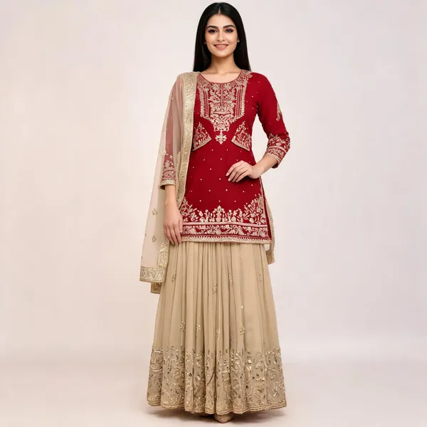 Red_Georgette_Embroidered_Sharara_Kurta_Set_For_Women
