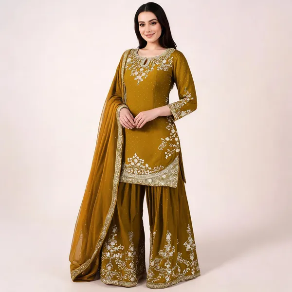 Olive_Georgette_Embroidered_Kurta_Flared_Bottoms_Dupatta_Set_For_Women