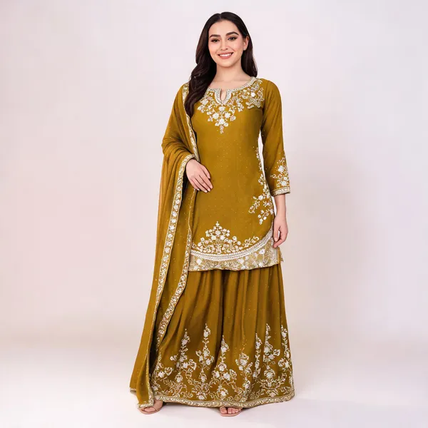 Olive_Georgette_Embroidered_Kurta_Flared_Bottoms_Dupatta_Set_For_Women