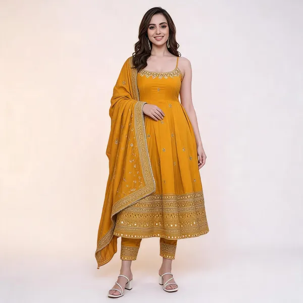Mustard_Georgette_Embellished_Anarkali_Kurta_With_Bottoms_Dupatta_For_Women