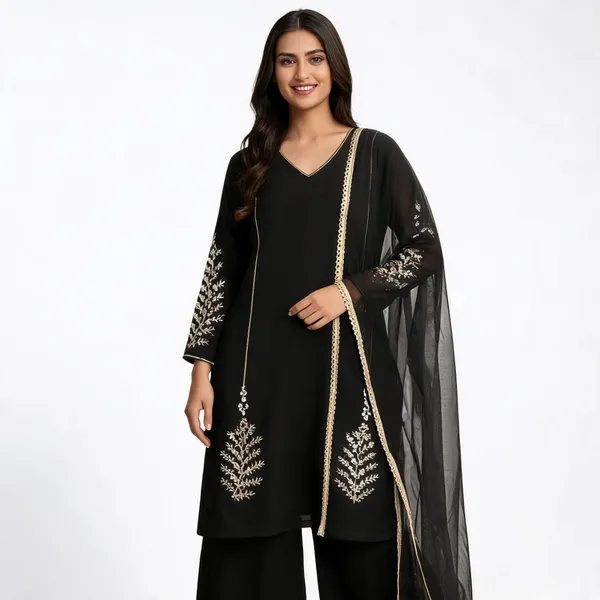 Black_Georgette_Embroidered_Straight_Kurta_With_Bottoms_Dupatta_For_Women
