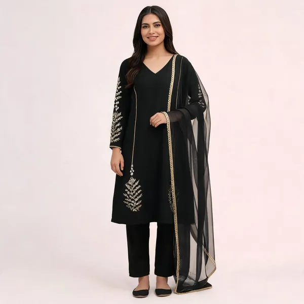 Black_Georgette_Embroidered_Straight_Kurta_With_Bottoms_Dupatta_For_Women