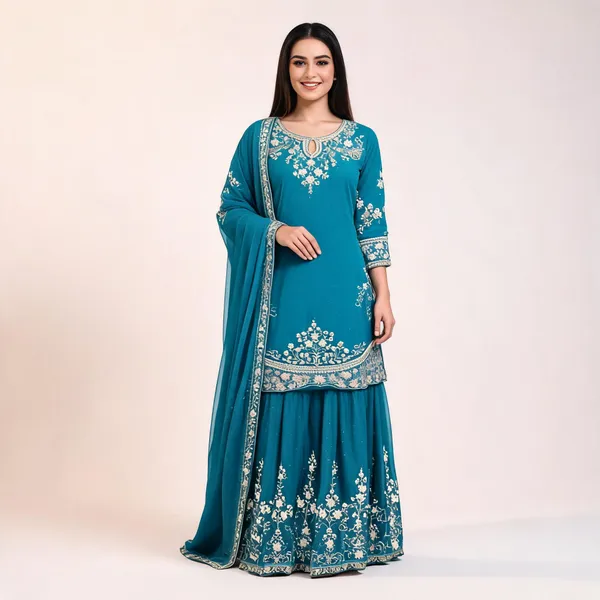 Teal_Georgette_Embroidered_Kurta_Skirt_With_Dupatta_For_Women