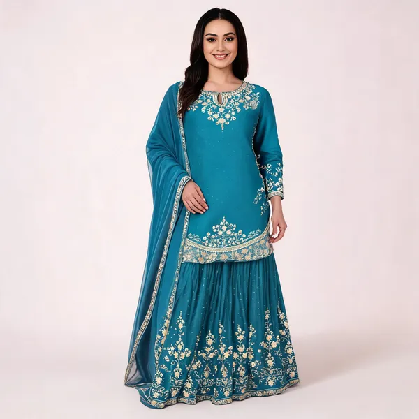 Teal_Georgette_Embroidered_Kurta_Skirt_With_Dupatta_For_Women