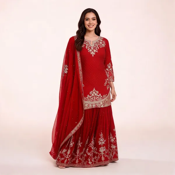 Red_Georgette_Embroidered_Ethnic_Kurta_Set_For_Women
