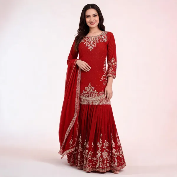 Red_Georgette_Embroidered_Ethnic_Kurta_Set_For_Women