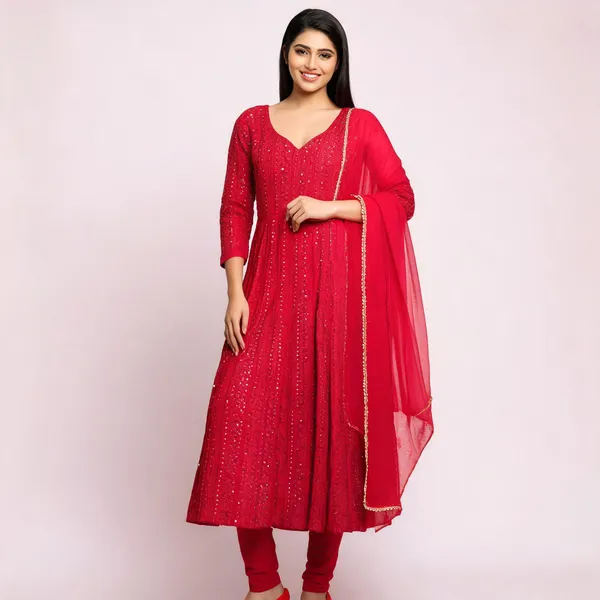 Red_Georgette_Embellished_Anarkali_Kurta_Set_For_Women