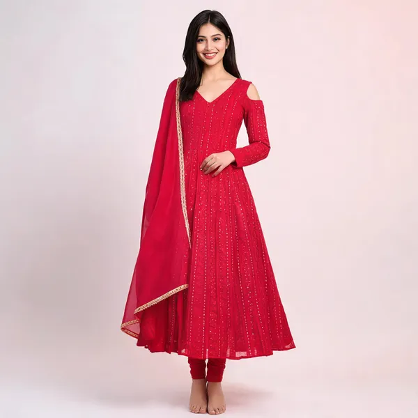 Red_Georgette_Embellished_Anarkali_Kurta_Set_For_Women