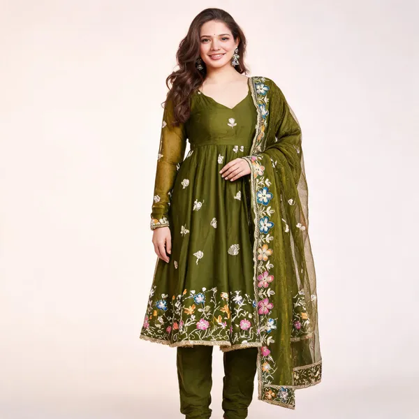 Olive_Green_Georgette_Anarkali_Dress_With_Dupatta_For_Women