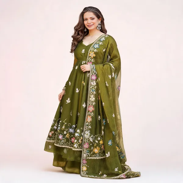 Olive_Green_Georgette_Anarkali_Dress_With_Dupatta_For_Women