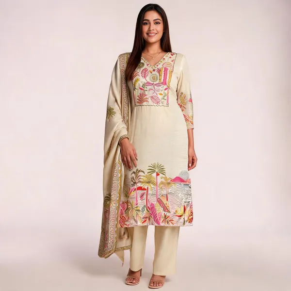 Cream_Georgette_Printed_Straight_Kurta_Set_For_Women