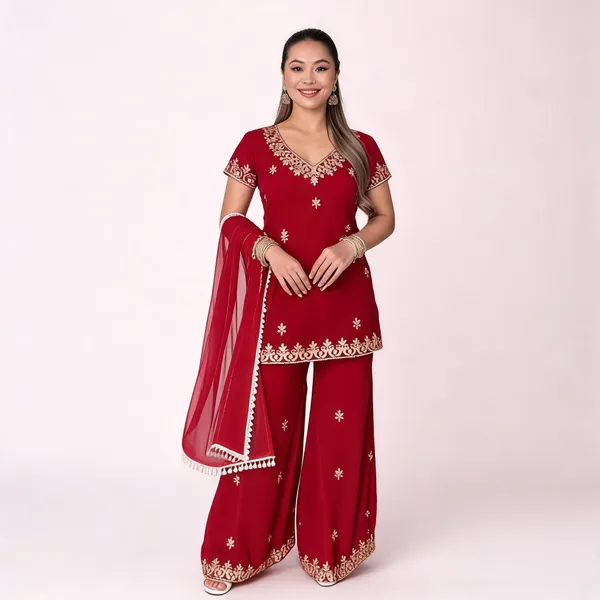 Red_Georgette_Embroidered_Kurti_Set_For_Women