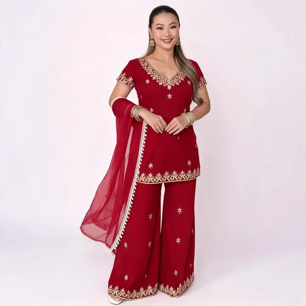 Red_Georgette_Embroidered_Kurti_Set_For_Women