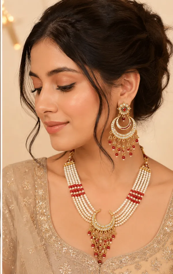 Gold_Tone_Pearl_And_Red_Bead_Necklace_Set_for_Women
