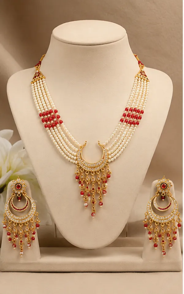 Gold_Tone_Pearl_And_Red_Bead_Necklace_Set_for_Women