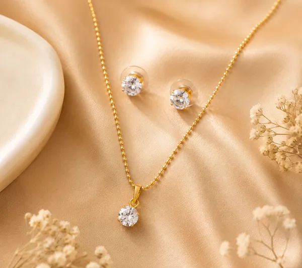 Gold-Tone_Round_Pendant_Necklace_And_Stud_Earrings_For_Women