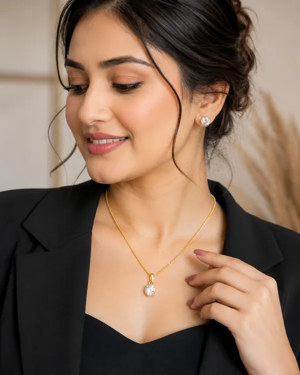Gold-Tone_Round_Pendant_Necklace_And_Stud_Earrings_For_Women