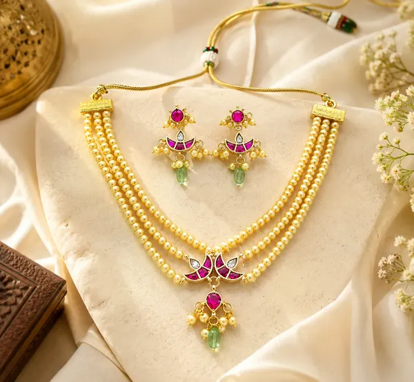 Gold_Tone_Pearl_Necklace_And_Earrings_Set_for_Women