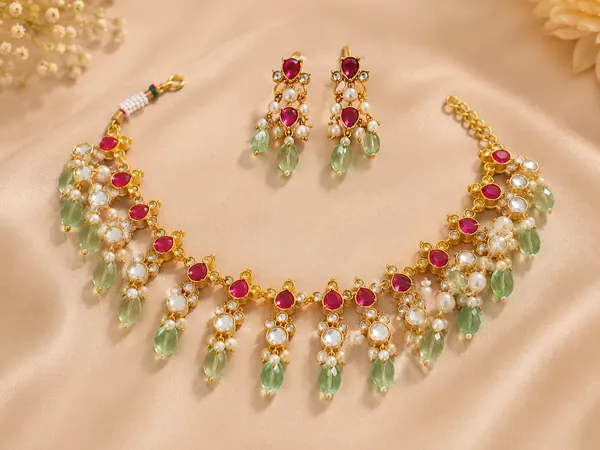 Gold_Tone_Red_Green_Stone_Necklace_And_Earrings_Set_for_Women