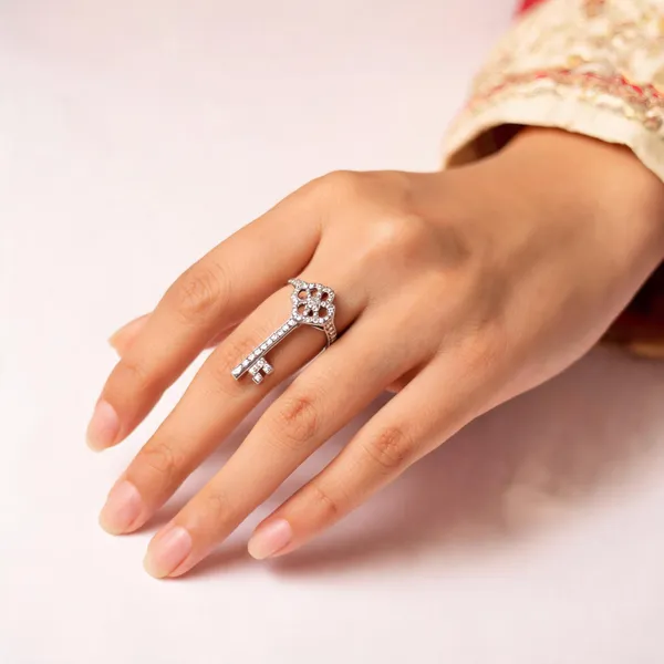 Gold_Tone_925_Silver_Key_Design_Rhinestone_Ring_For_Women