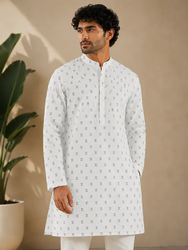 White_Printed_Textured_Straight_Kurta_For_Men