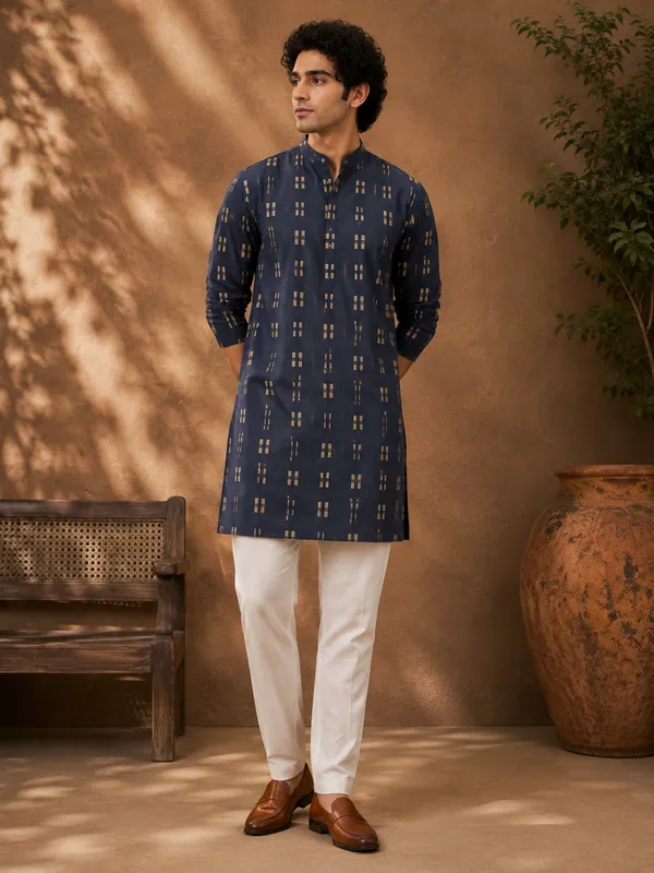 Navy_Blue_woven__Straight_Kurta_for_Men