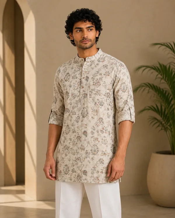 Ivory_Floral_Print_Straight_short_Kurta_for_Men