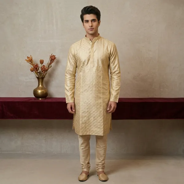 Peach_Jacquard_Kurta_For_Men