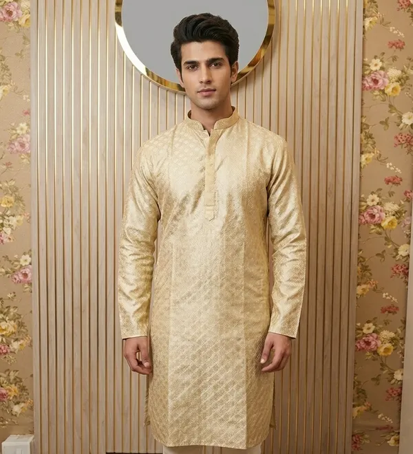 Peach_Jacquard_Kurta_For_Men