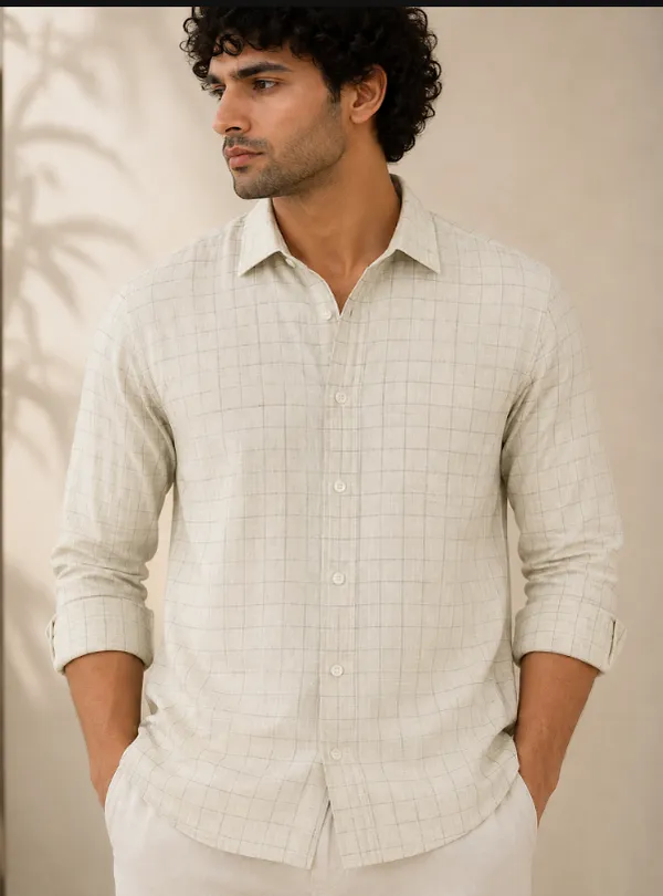 Light_Grey_Check_Pattern_Bamboo_Linen_Shirt_for_Men