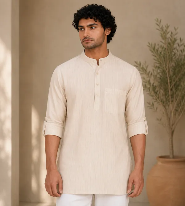 Off_White_Textured_Regular_Fit_short_Kurta_for_Men
