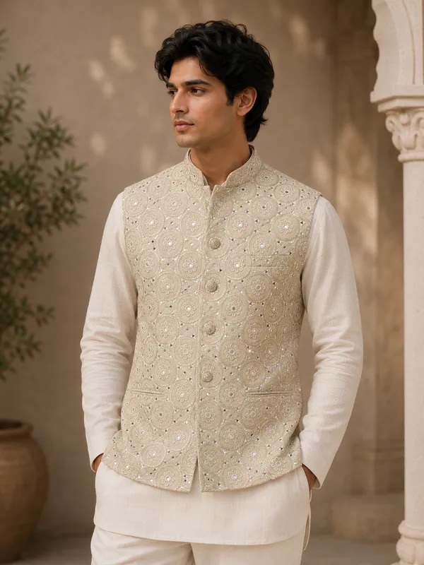 Cream_Embroidered_Nehru_Jacket_For_Boys