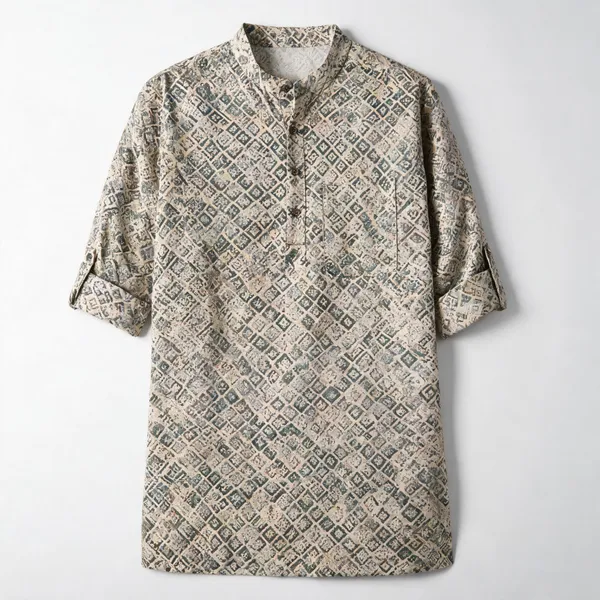 Beige_Grey_Textured_Short_Kurta_For_Men