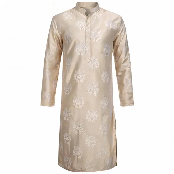 Beige_Jacquard_Floral_Pattern_Kurta_For_Men