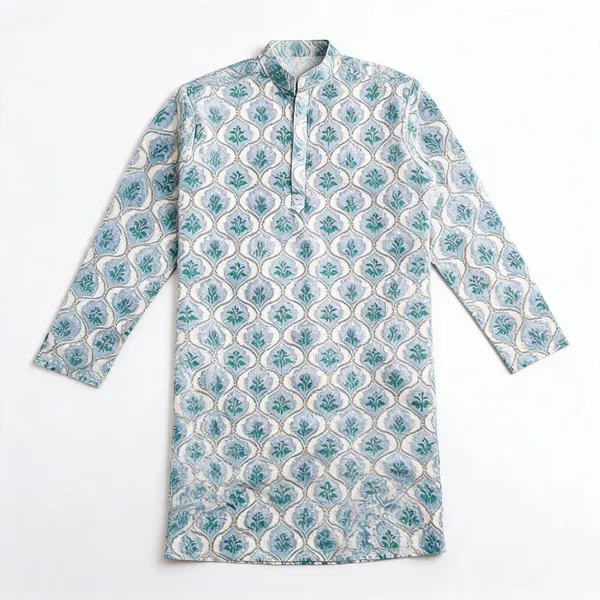 Grey_Green_Floral_Pattern_Kurta_For_Men