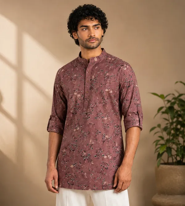 Mauve_Printed_Regular_Fit_short_Kurta_for_Men