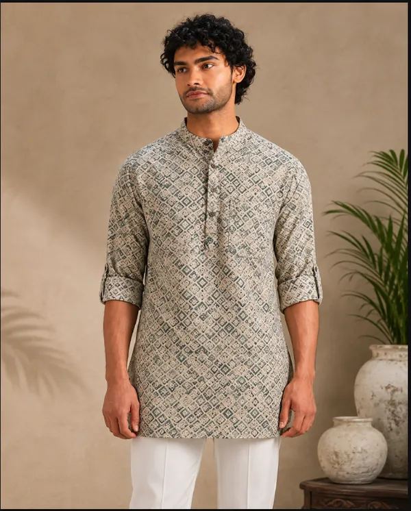 beige_grey_textured_short_kurta_for_Men