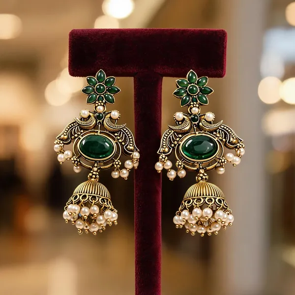 Green_&_Golden_Brass_And_Alloy_Jhumka_Earrings_For_Women