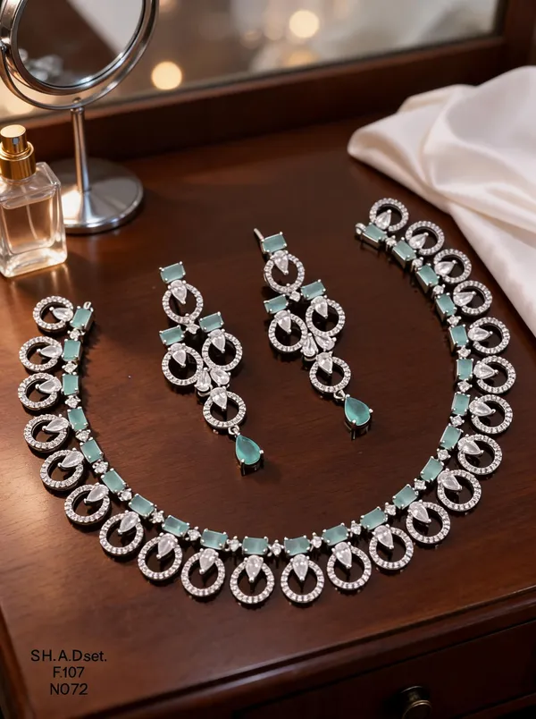 Silver_&_Mint_Brass_And_Alloy_Necklace_&_Earrings_Set_For_Women