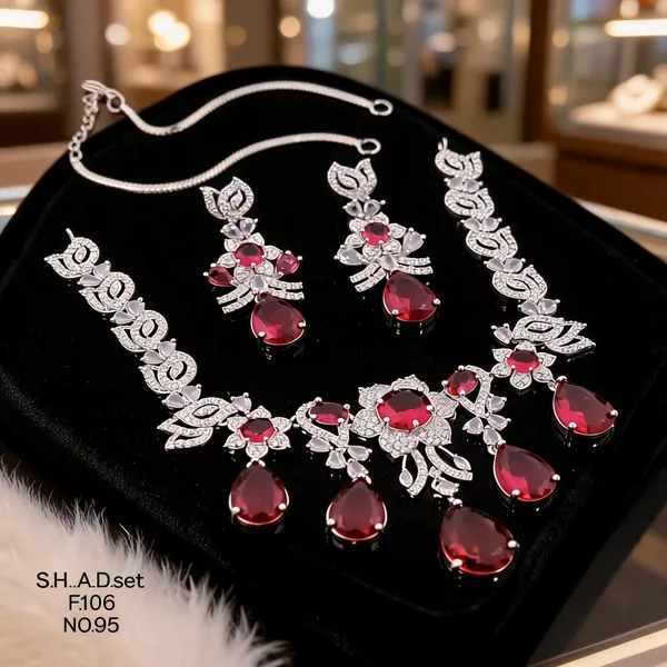 Silver_&_Red_Brass_And_Alloy_Necklace_&_Earrings_Set_For_Women