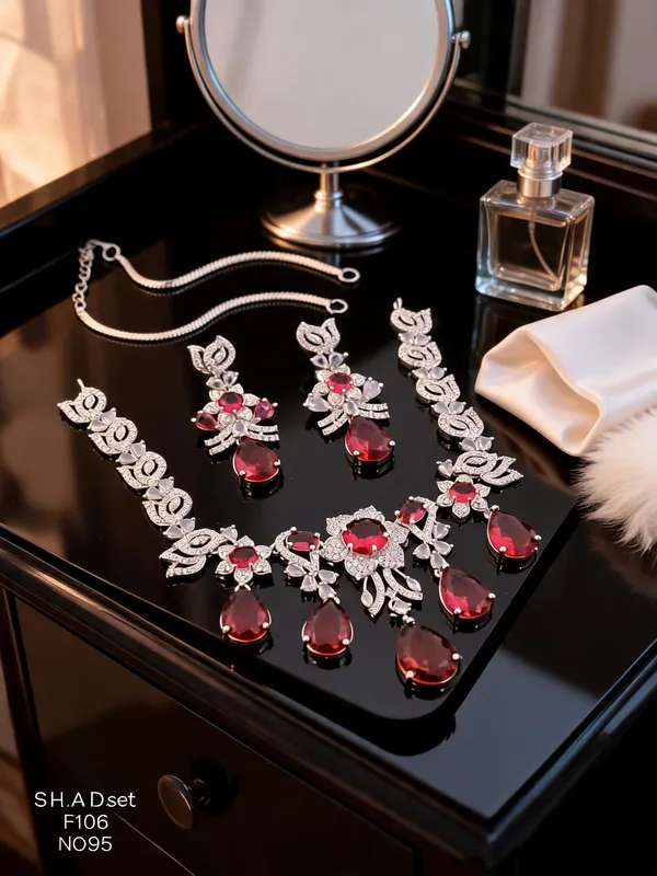 Silver_&_Red_Brass_And_Alloy_Necklace_&_Earrings_Set_For_Women