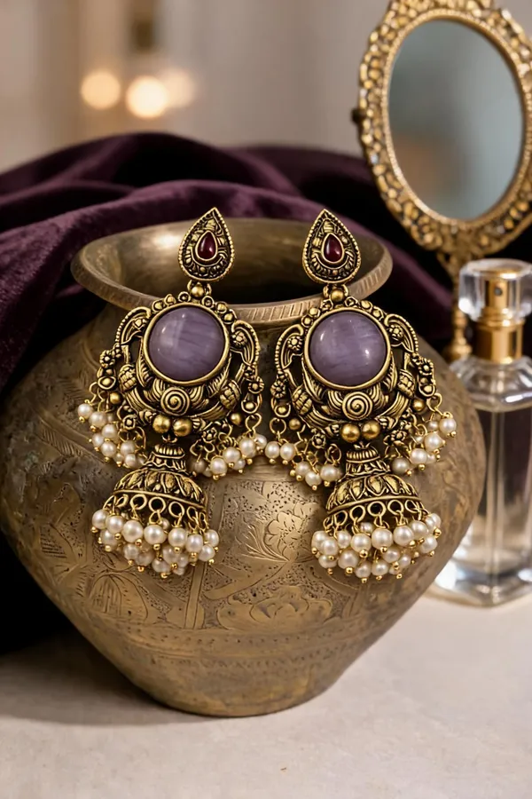 Golden_&_Purple_Brass_And_Alloy_Jhumka_Earrings_For_Women